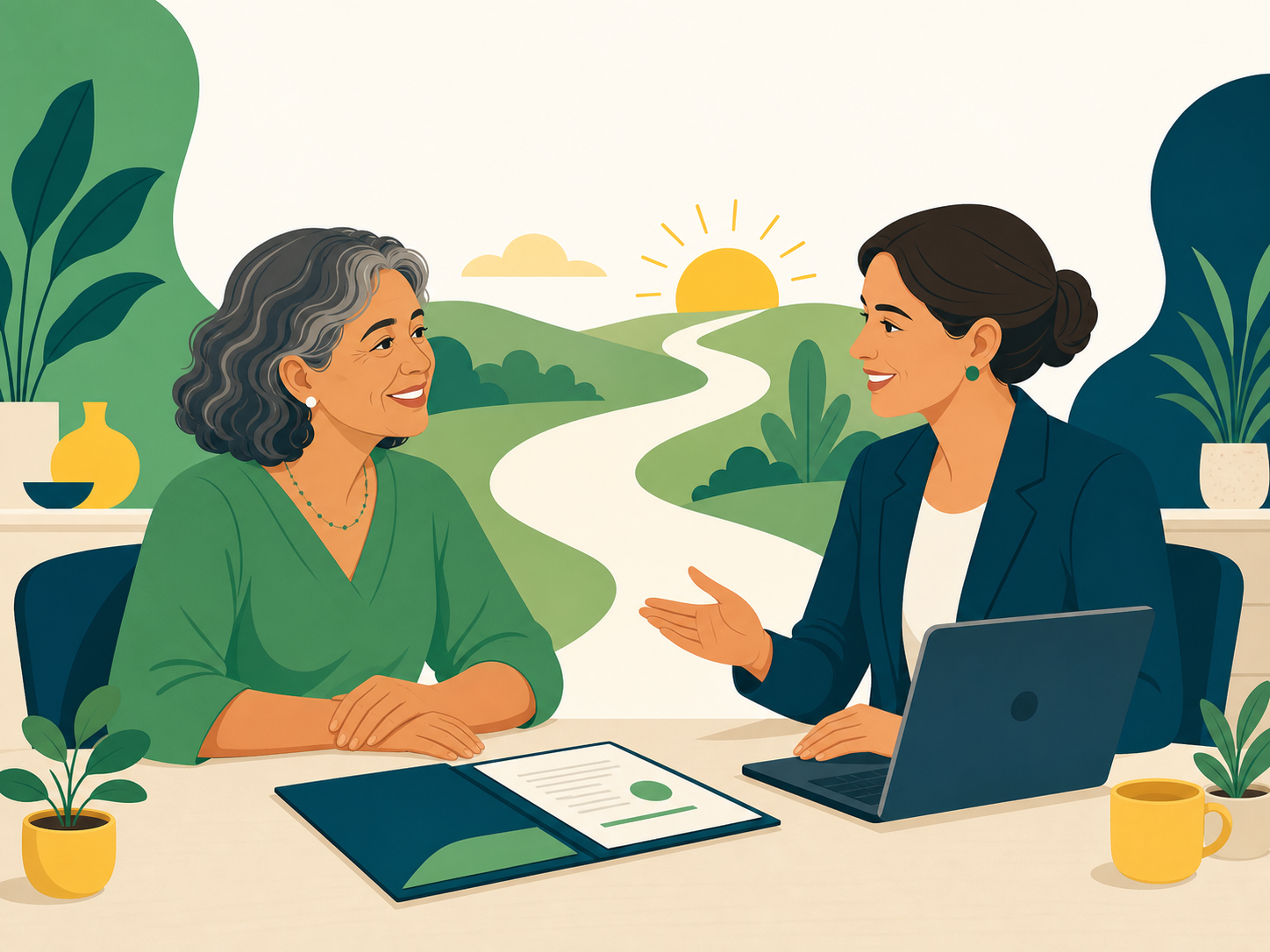 Cliente conversando com uma consultora sobre seu planejamento previdenciário